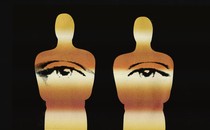 An illustration of two Oscar awards with a pair of eyes superimposed on top