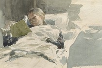 A painting of a young girl reading in bed