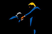 illustration with abstract figures of yellow-haired figure in blue suit standing and extending orange hand with ring for kneeling figure in blue suit to kiss, on black background