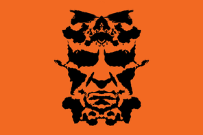 a black-ink Rorschach-test style illustration of Donald Trump's face made from the outlines of the continents, set on an orange background