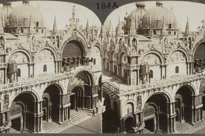A black and white stereograph print of St. Mark's in Venice