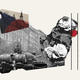 A collage with images of roses and a black and white photograph from the Soviet invasion, showing a tank going down a street