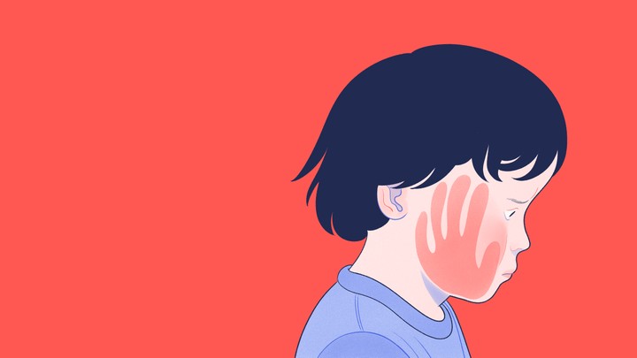 An illustration of a child with a hand imprint on his face.