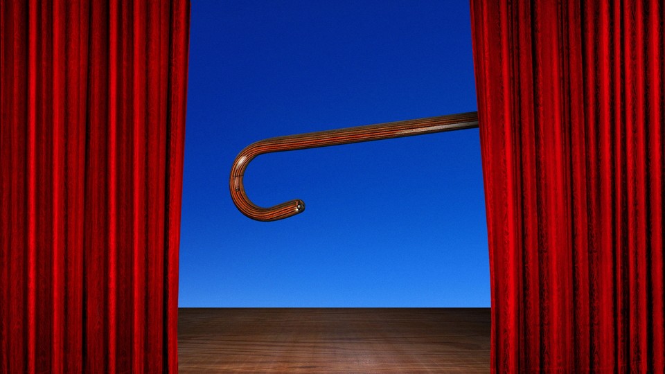 A horizontal cane between two open curtains