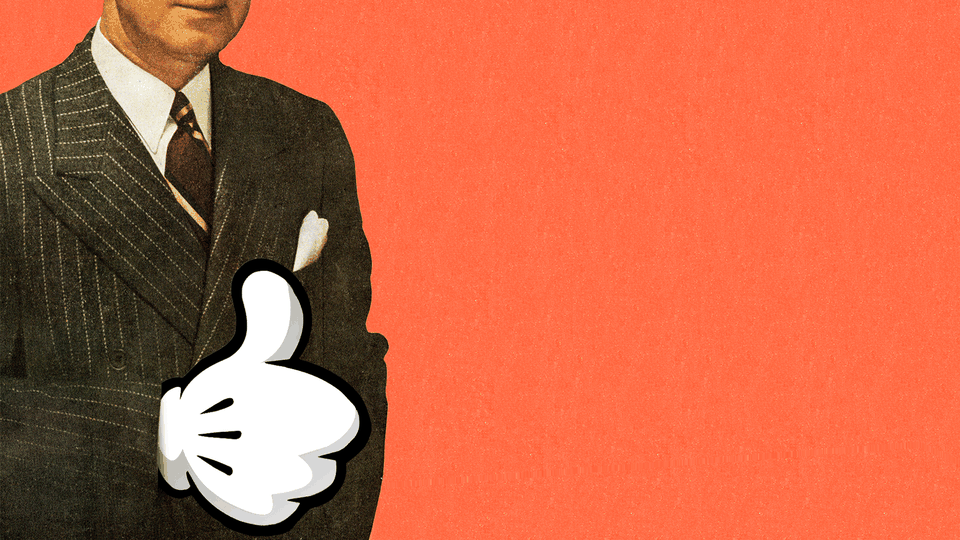 A businessman with a cartoon hand showing a thumbs-up