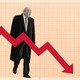 An illustration showing Donald Trump walking behind a plunging arrow on a graph