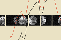 A line chart superimposed over a microscopic view of the coronavirus