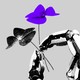 Image of a robotic hand holding two flowers, one purple and vibrant and the other black.