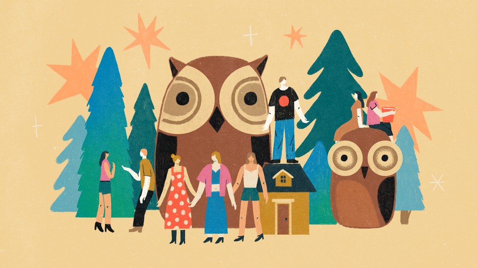 An illustration of a group of friends in the woods with giant owls.
