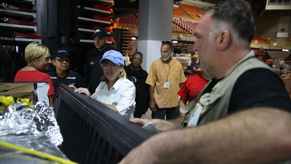 The chef José Andrés (right) and San Juan Mayor Carmen Yulín Cruz prepare a truck of relief supplies in the aftermath of Hurricane Maria on September 30, 2017.