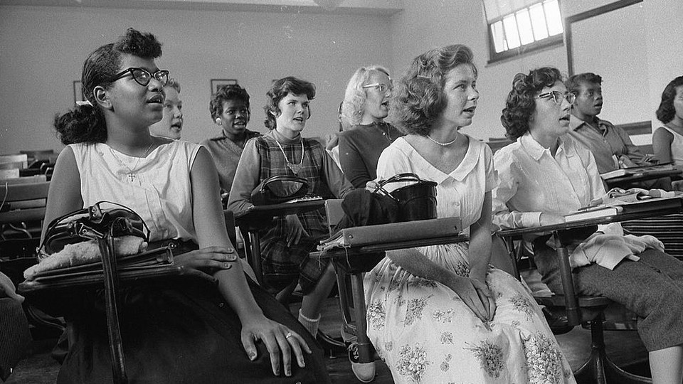 Students sit in an integrated classroom at Anacostia High School, in Washington, D.C., in 1957.