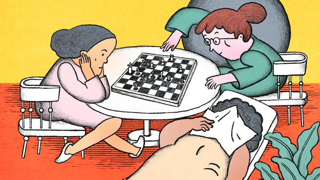 a colorful illustration of various women together in a house playing chess, soaking their feet and relaxing together