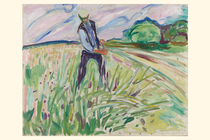 painting by Edvard Munch of man in colorful field with scythe, with horizon of clouds and trees in background