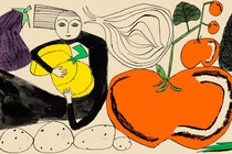 A woman surrounded by a collection of large, brightly colored vegetables