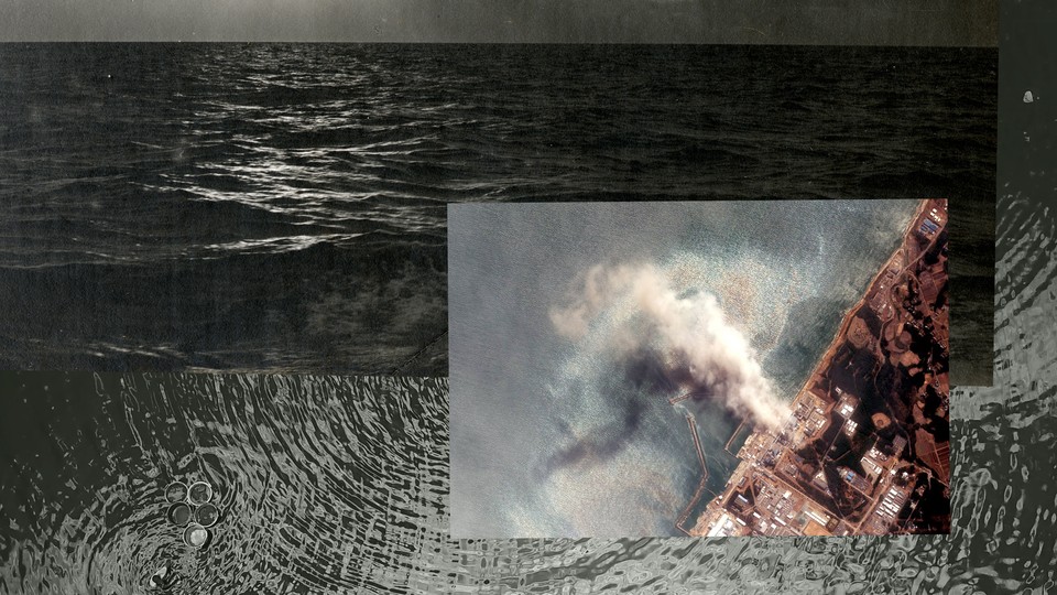A photograph of a coastal disaster over photographs of the ocean