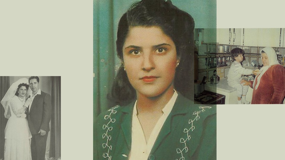A collage showing, from left to right, old photographs of a husband and wife, of a young woman with dark hair, and of a child in a kitchen with an old woman.