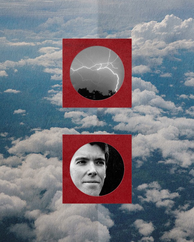 A collage showing Daniel Swain, a cloudy sky, and a lightning streak