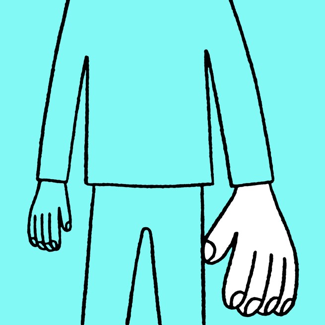 line drawing of person with giant left hand