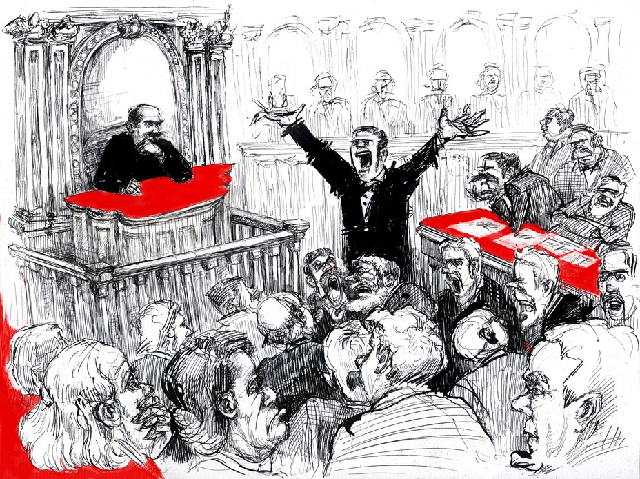 black, white, and red drawing of the trial
