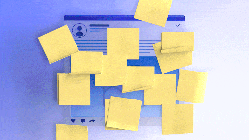 Sticky notes cover a social-media post