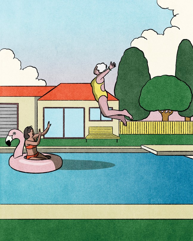 an illustration of an older woman in a yellow bathing suit leaping with abandon from a diving board into a pool while a younger woman in a floating flamingo shields herself with her arms