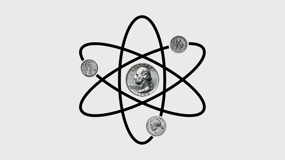 An illustration of an atom with dimes, nickels, and pennies as electrons, and a quarter as a nucleus