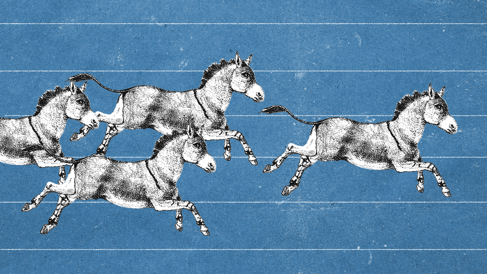 Drawings of four black-and-white donkeys race across a blue backdrop