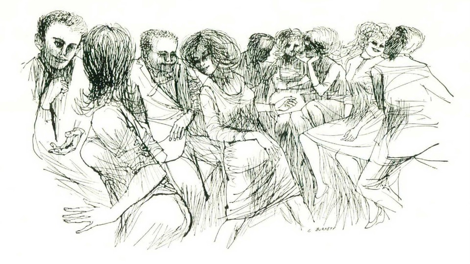 A black and white line illustration of messily sketched men and women in close proximity dancing