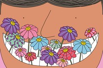 An illustration of a politely smiling man's face, with flowers blossoming from his teeth