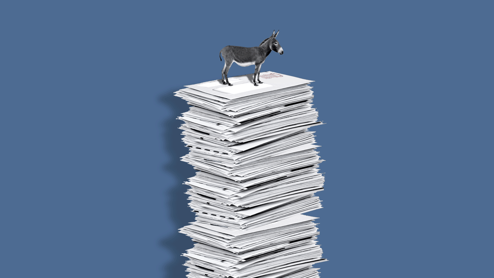 An illustration of a donkey on top of a pile of mail-in ballots.