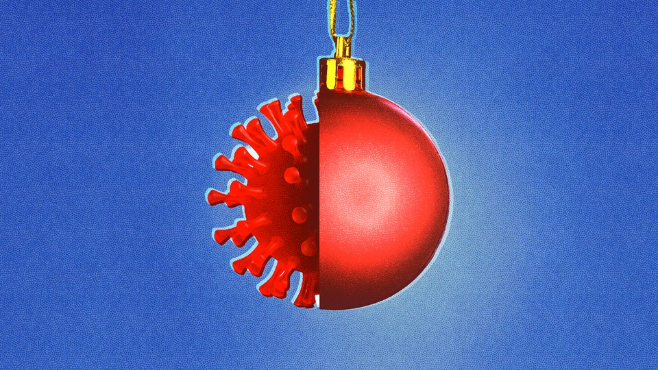 An illustration of a Christmas ornament and a virus particle