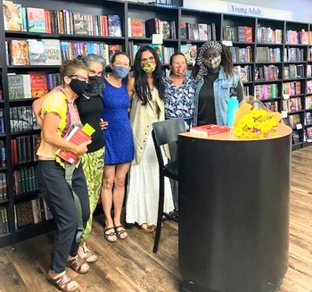 the friend group in a book store