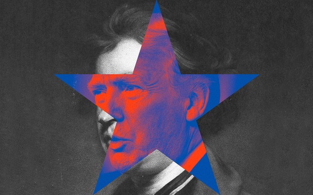 A black and white portrait of Edmund Burke overlaid with Donald Trump's face in a red and blue star