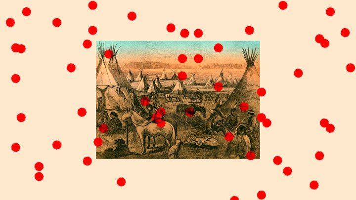 An illustration of Native Americans with red dots surrounding them.