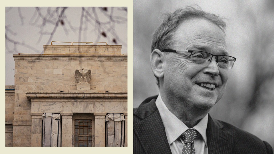 Diptych of a color photograph of the Federal Reserve building (left) next to a black-and-white photograph of Kevin Hassett.