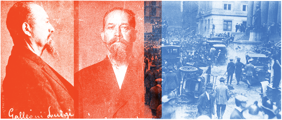 Photo illustration with mug shots front/profile of bearded man with script "Galleani Luigi" written at bottom and archival photo of Wall Street explosion with vehicles lying on sides and crowds