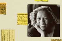 Toni Morrison pictured alongside texts from her archive