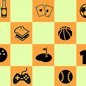 A chess checkerboard with various icons.