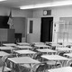 An empty classroom in black and white