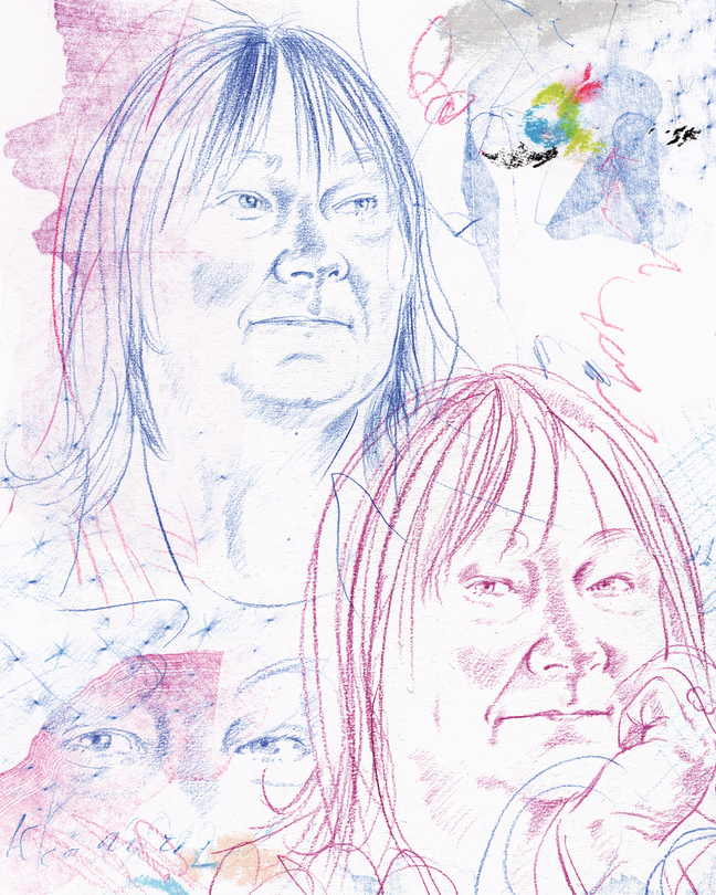 illustration with two sketched portraits of Ali Smith in different poses, along with a close-up of her eyes, with multicolored marks and scribbles