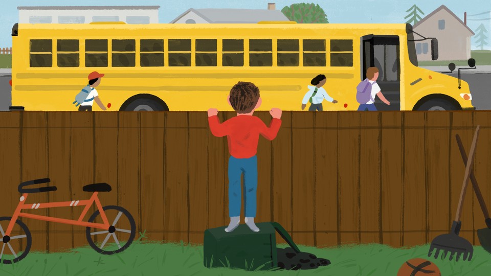 Illustration of a boy looking over a fence at kids getting on a school bus.
