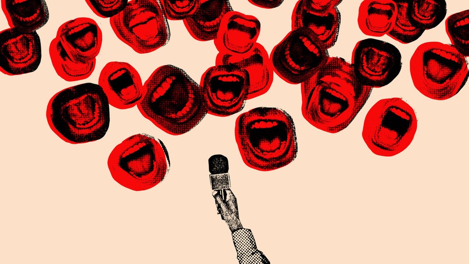 An illustration of a microphone and many mouths