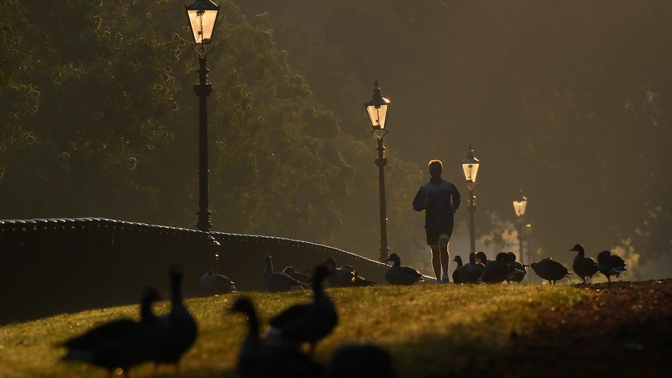 A man runs through London's Hyde Park early in the morning.
