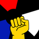 Illustration showing fist up in front of circular shape with colors of Russian flag