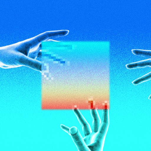 Illustration of three blue-tinted hands reaching toward a red-and-blue square. When the hands’ fingers overlap with the square, they become pixelated.