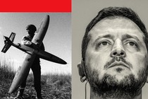 A collage of Zelensky and a Ukranian military soldier holding a Ukranian made drone