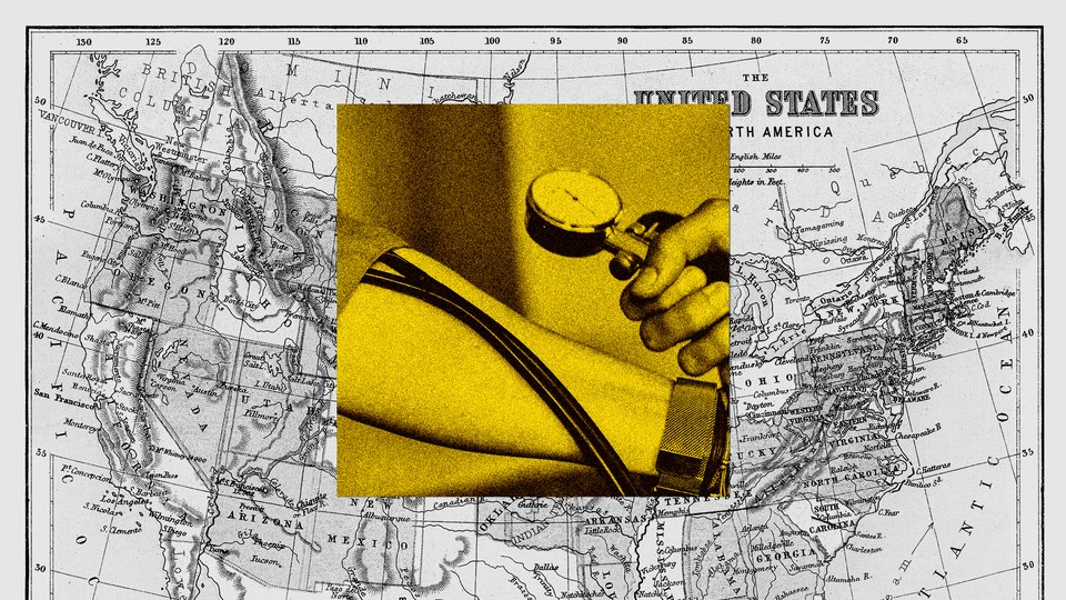 an old photo of a blood-pressure cuff imposed over an old map of the united states