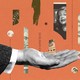 Collage-style illustration with a black-and-white photo of a person's hand outstretched to catch strips of other images raining down, including photo of Alexander, NEH logo, musical notes, money, on orange background.
