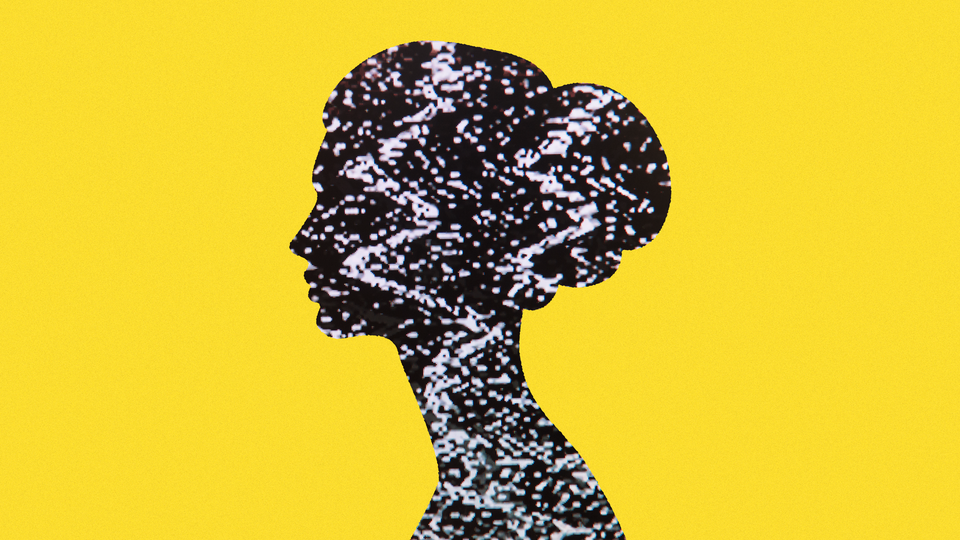 A woman's head and neck in profile are filled with TV static, against a bright-yellow background