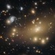 A deep-space image of many dozens of different-colored galaxies, some with a typical spiral shape, most appearing as small blobs of light.